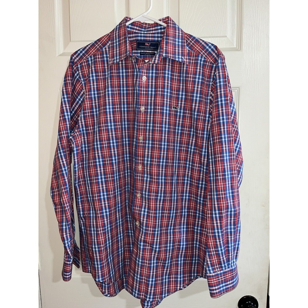 Vineyard Vines Blue /red Check Plaid WHALE SHIRT Button Front‎ Slim Fit M